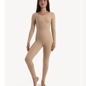 NWT Capezio nude full-body long sleeve bodysuit with scoop neck, footless